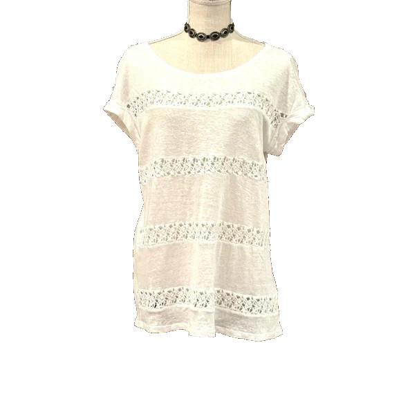 ANTHROPOLOGIE AKEMI + KIN CROCHET LINEN TOP L SHEER MINIMALIST QUIET LUXURY EC