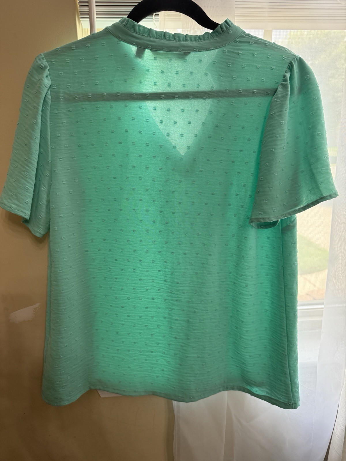 IMAN Global Chic Top Medium Mint Green Swiss Dot Ruffle Neck Split V Blouse NWOT