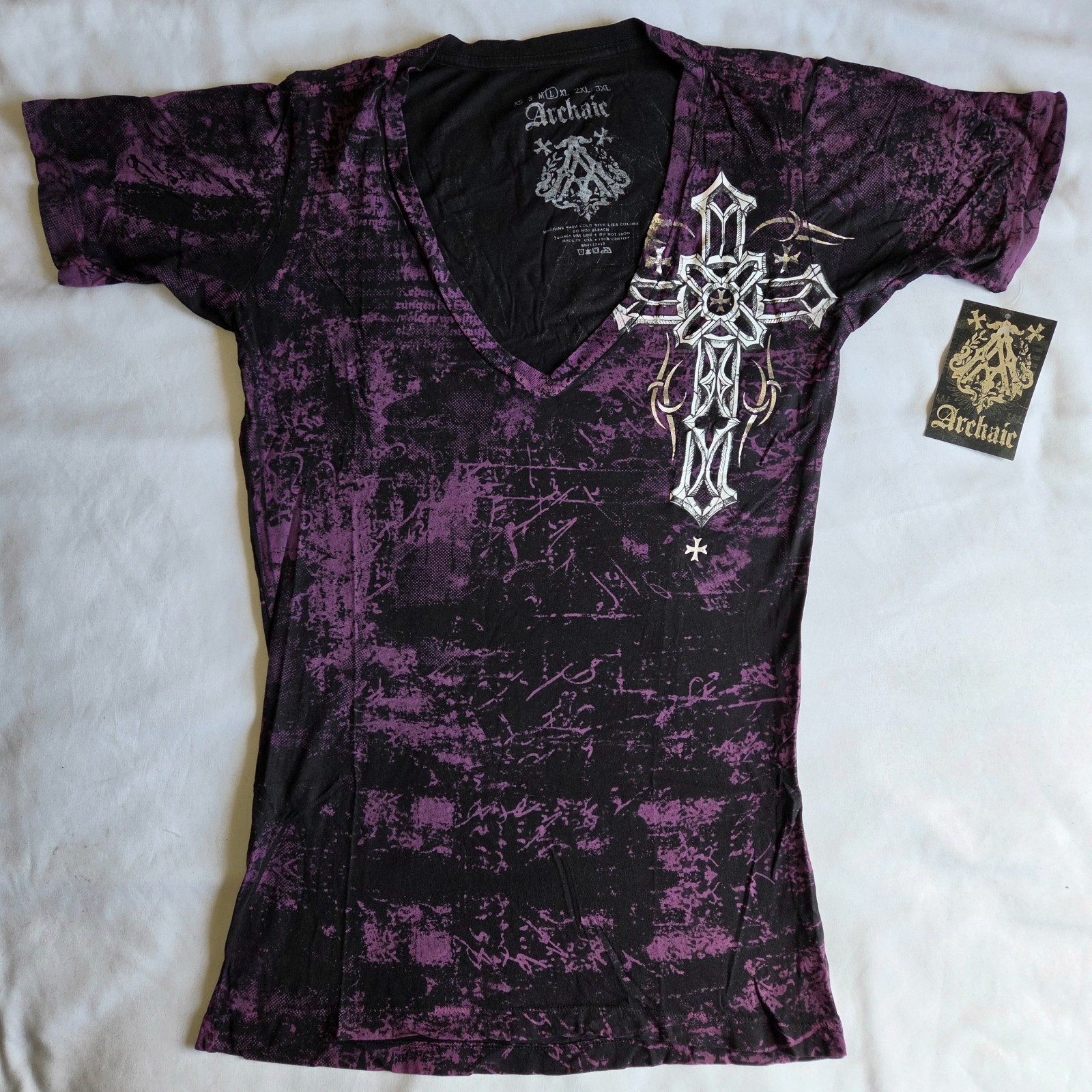 Archaic By Affliction Spike Wings Y2K Grunge Biker Black L VNeck Graphic T-Shirt
