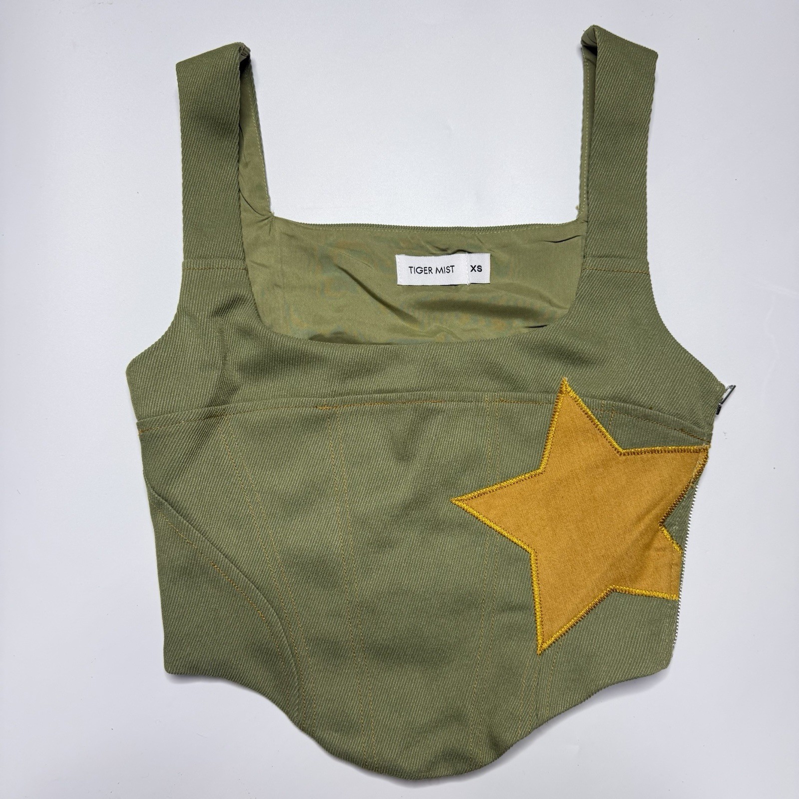 Tiger Mist Green/Yellow XS Cropped Tank Square Neck Star Accent Zip