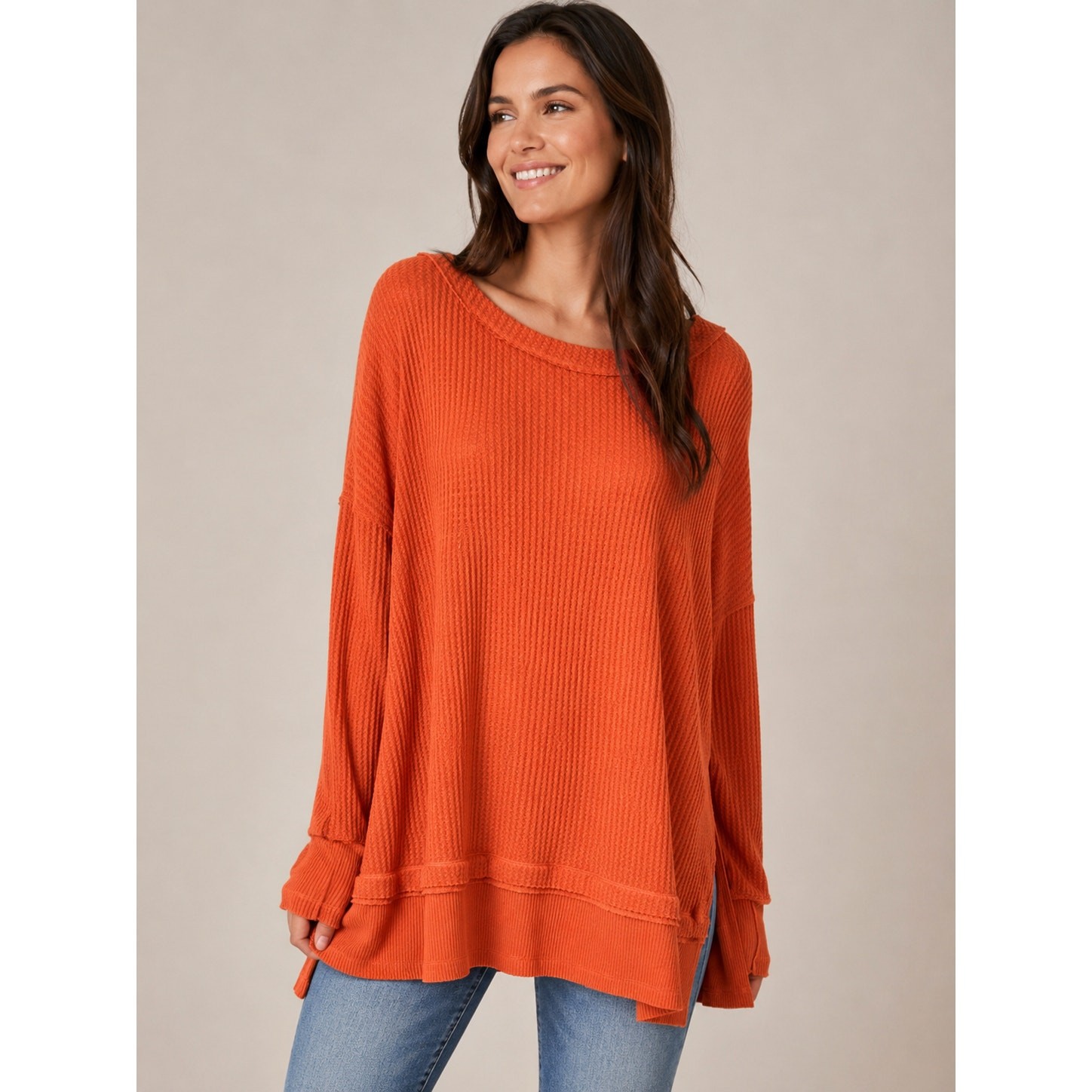 We The Free Coral Light Waffle Knit Oversized Boho Tunic Thermal Top NWT L
