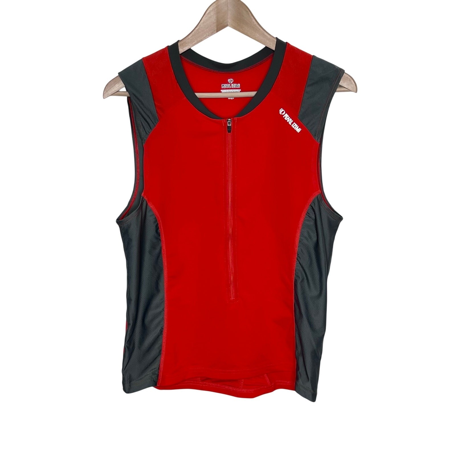 Pearl Izumi Women’s Sleeveless Cycling Jersey Red Gray 1/2 Zip Rear Pocket Large