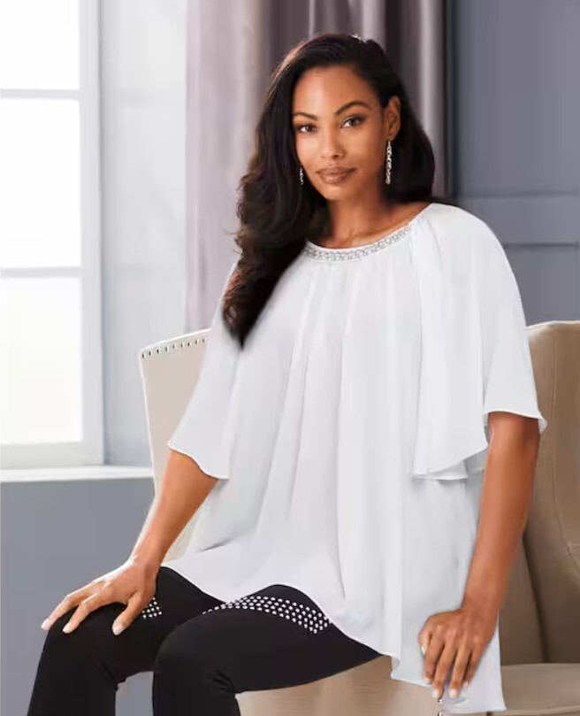 Size 3X PLUS Ashro Claudette Hi-Low Formal Emellished Summer White Top Blouse