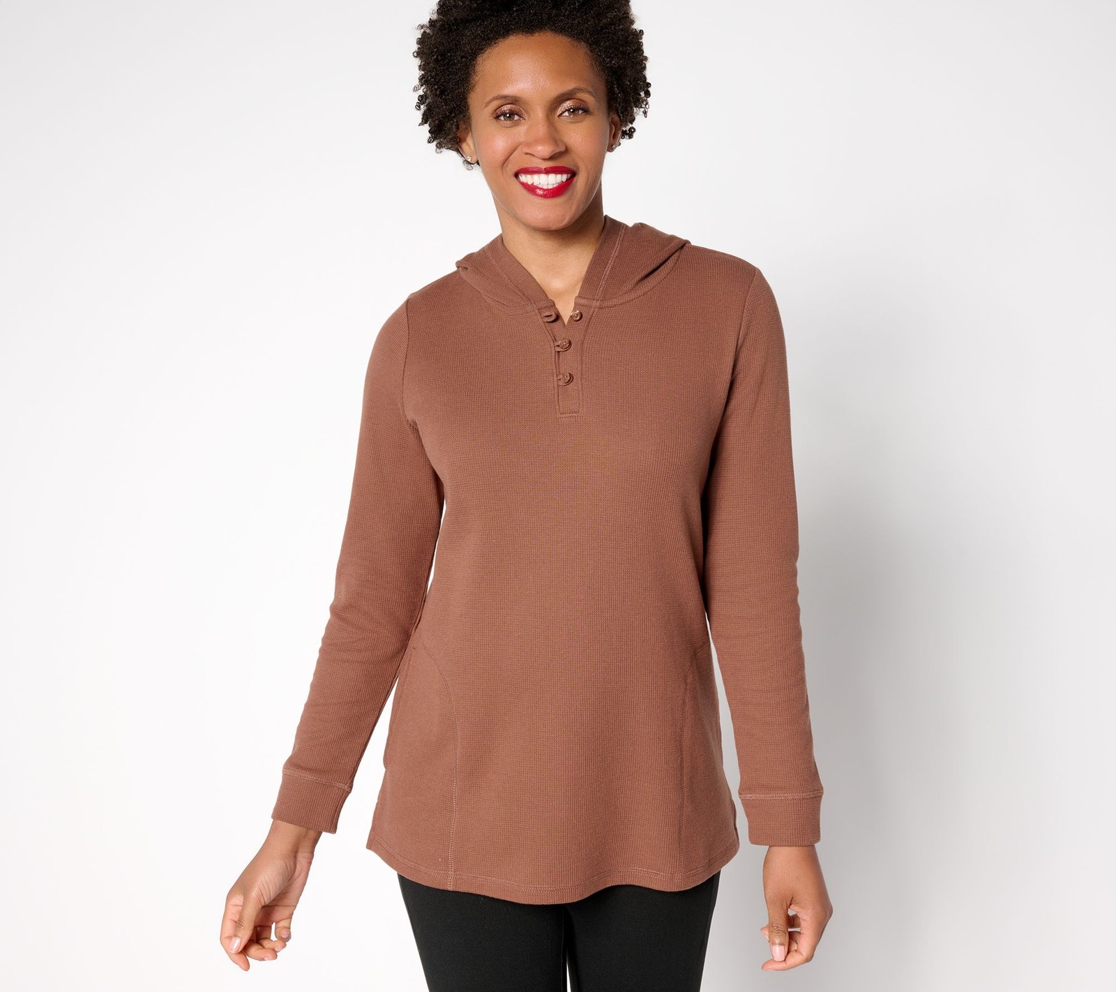 Denim & Co. Petite Active Waffle Knit Hooded Henley Tunic Chestnut Brown 1X New