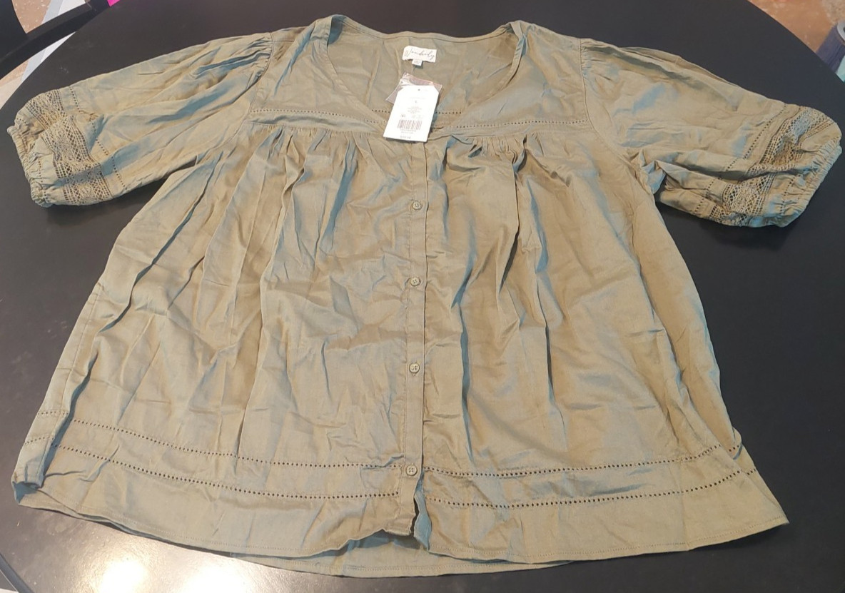 NWT Wonderly Women’s Blouse Top Size Large L Button Up Green Olivine May Wovens