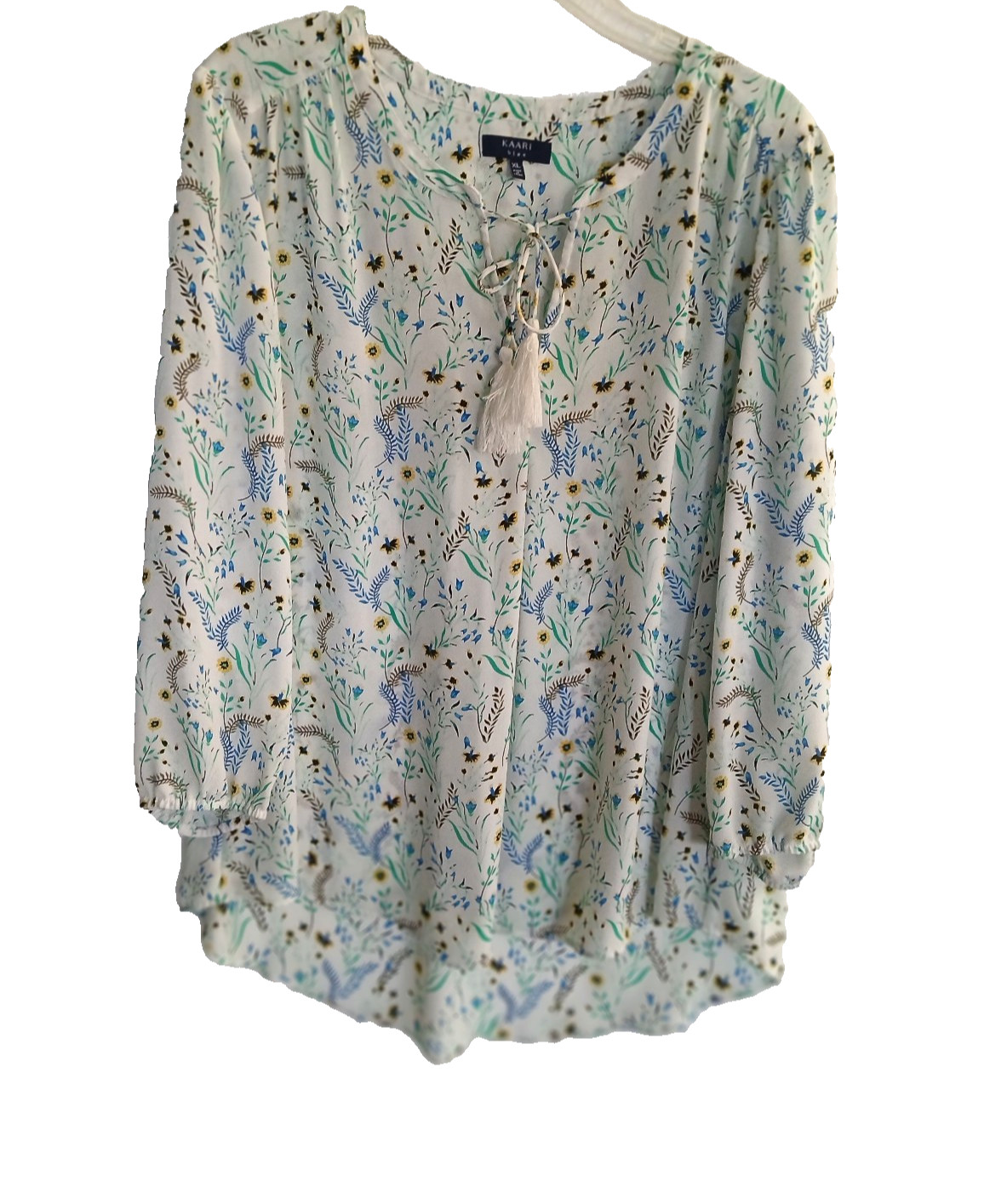 Kaari Blue High Low Tunic White Multi Colored Floral Tassel Tie Long Sleeve XL