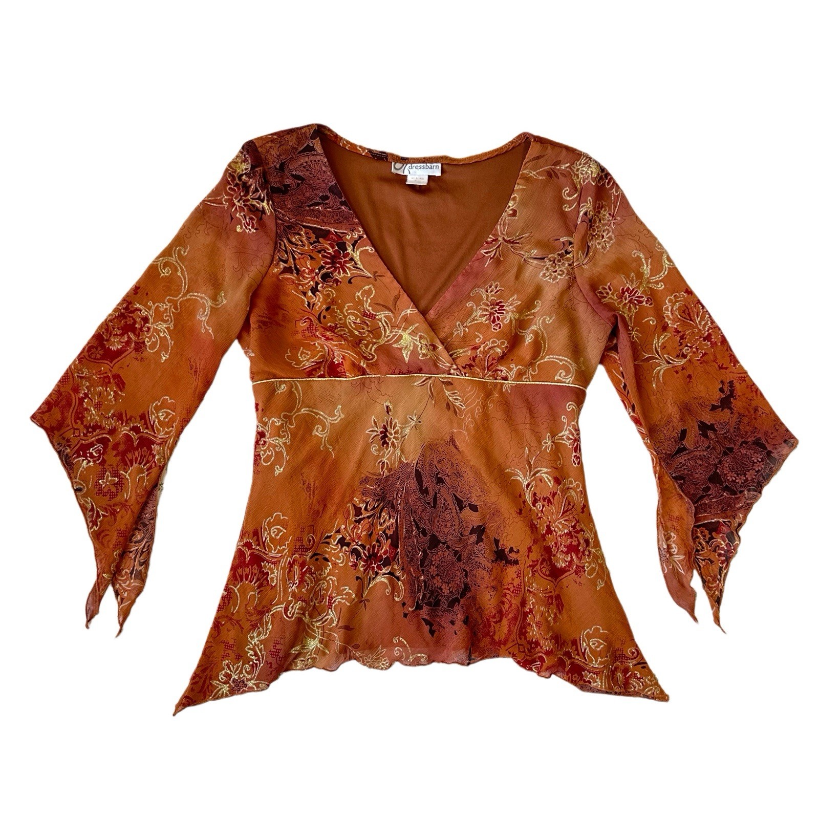 Y2K Dressbarn Whimsical Fairy Orange Floral Gold V-neck Babydoll Blouse M/L