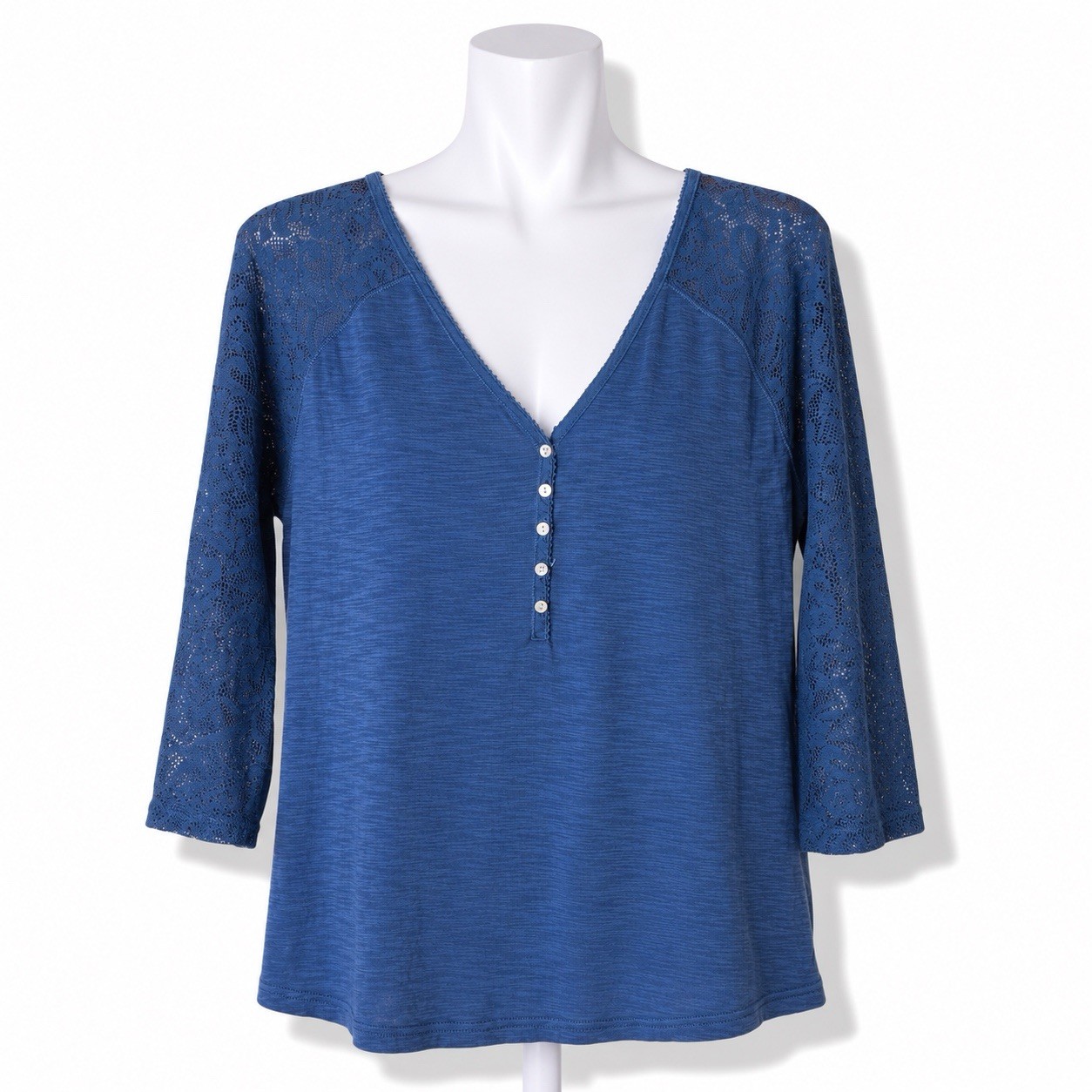 Chaps Denim Henley Top Size Large Indigo Blue Lace Sleeve Casual All Seasons