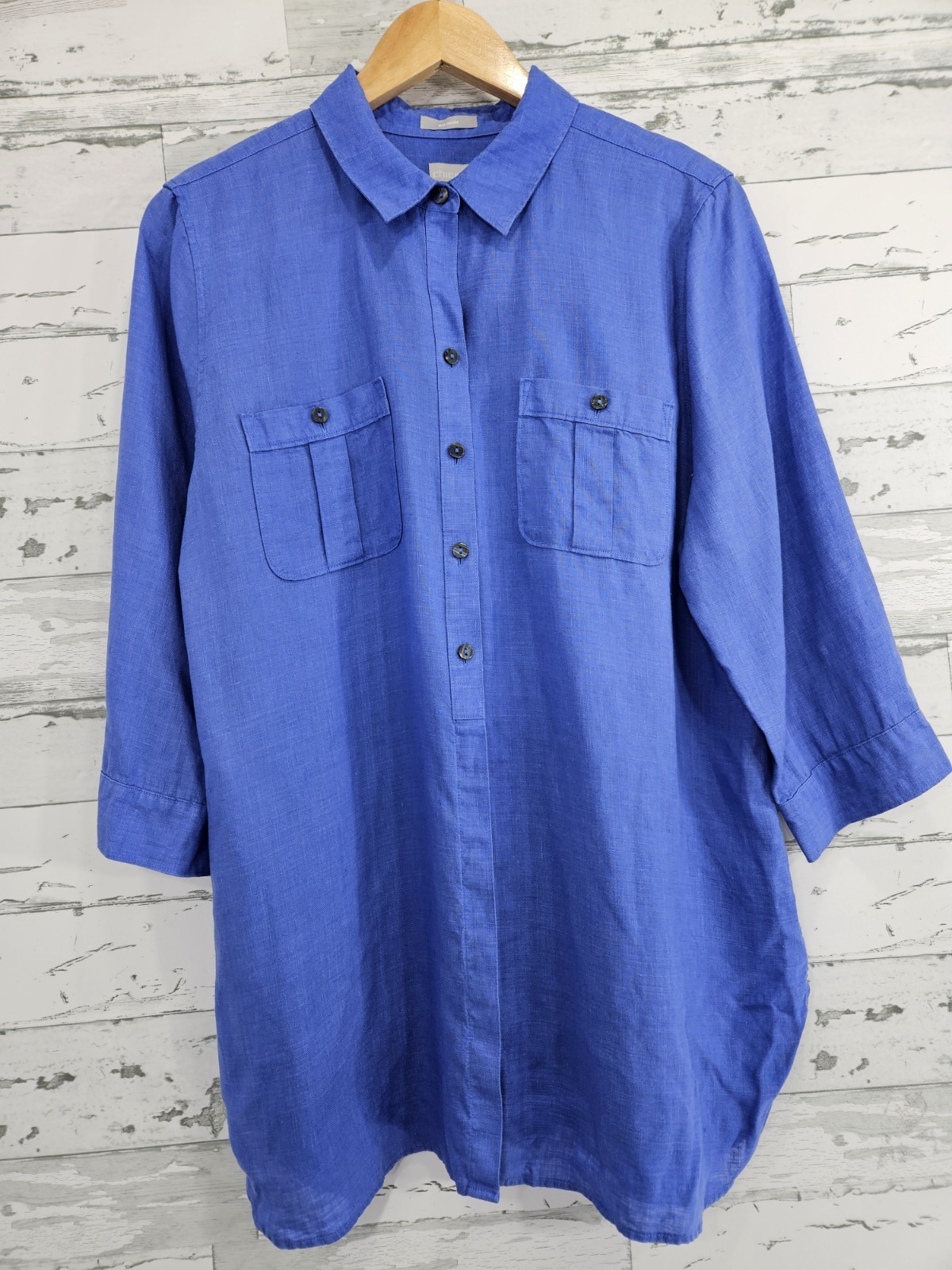 Chicos No Iron Linen Utility Tunic Shirt Womens 2 Large 3/4 Sleeve Blue Coastal