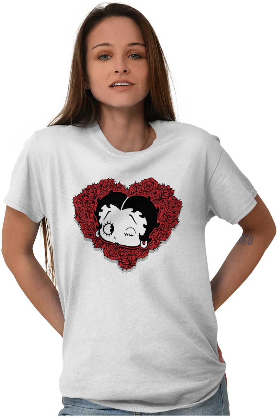 Betty Boop Cartoon Roses Heart Floral Love Womens Graphic Crewneck T Shirt Tee