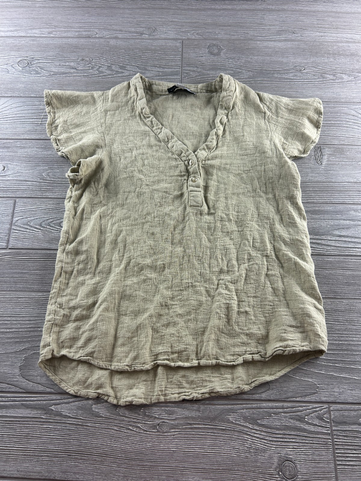 Alex & Parker Shirt Women Medium Beige 1/4 Button Up Linen Rayon S/S Top