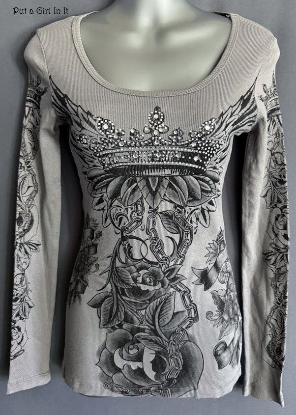 USA New VOCAL Womens CRYSTAL GRAY BLACK CROWN WINGS BLING BIKER SHIRT S