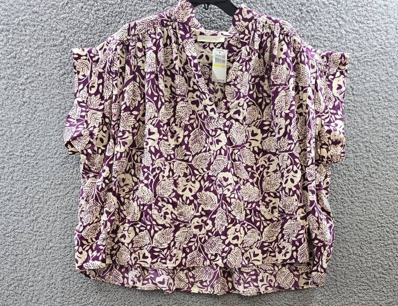 Vanessa Bruno Cory Print Top Women’s M/L Plum/Cream Short Sleeve V-Neck Pullover