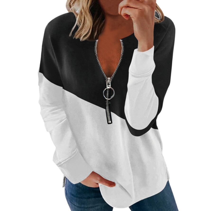 Womens Ladies Zipper Tee Patchwork Shirt Long Sleeve Loose Blouse Tops Autumn