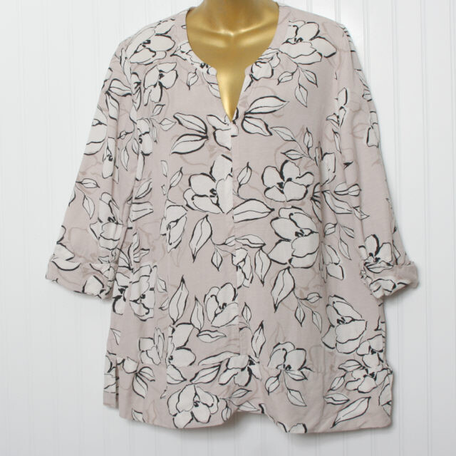 J JIll Taupe Black Floral VNeck 3/4 Cuffed Sleeve Rayon Tunic Blouse Med