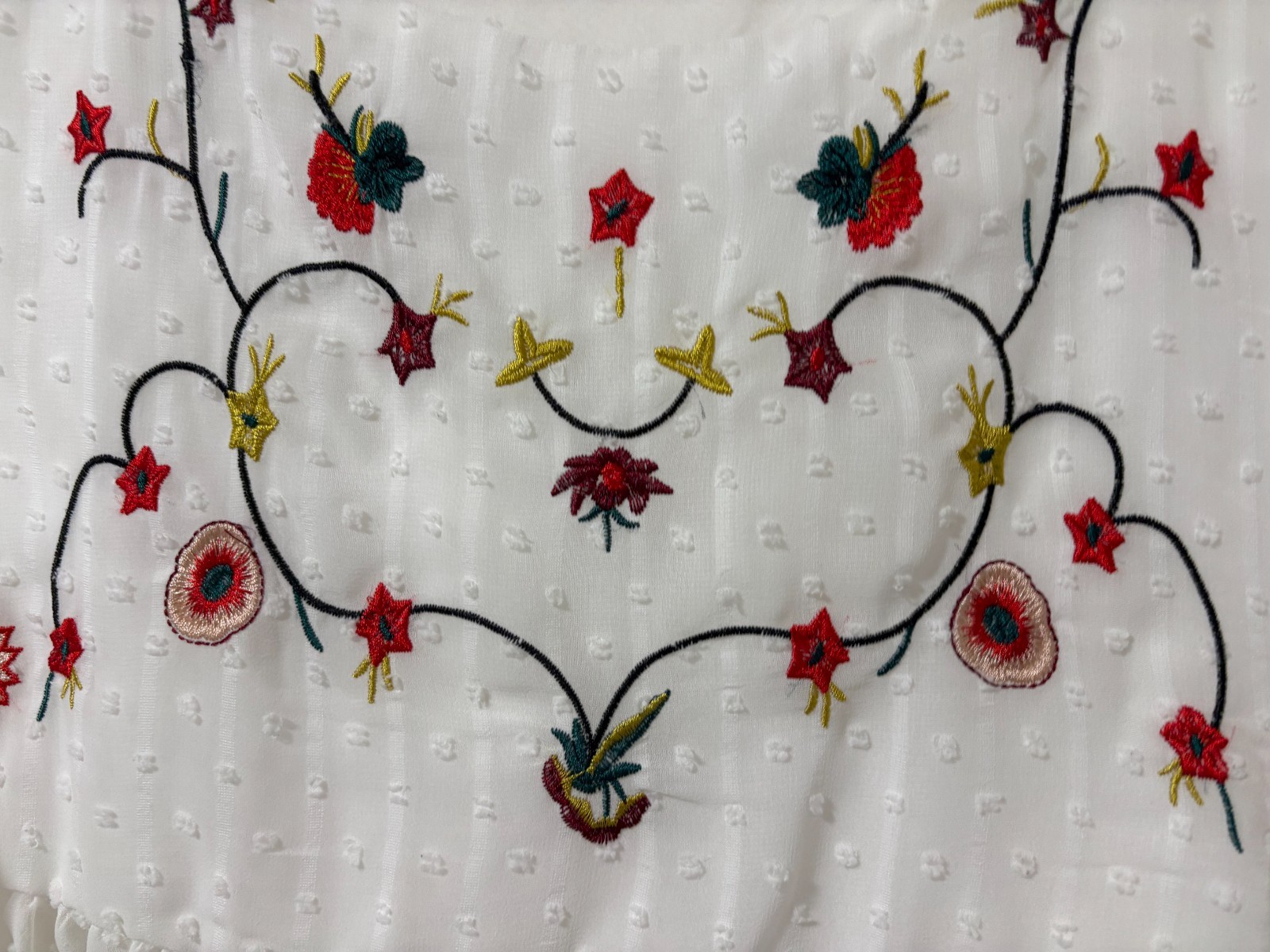 SHEIN Boho Floral Embroidered Swiss Dot Babydoll Blouse White Size L Large