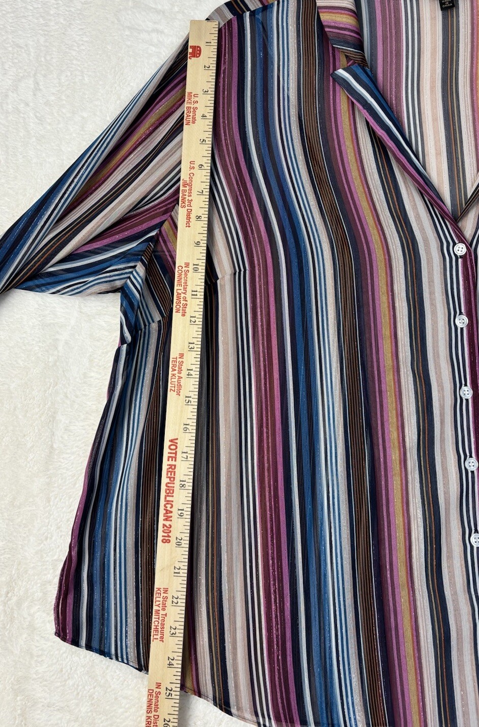 MAREE POUR TOl Blous Plus Sz20 Striped V-Neck Button Up Shimmer Gold Multi Color
