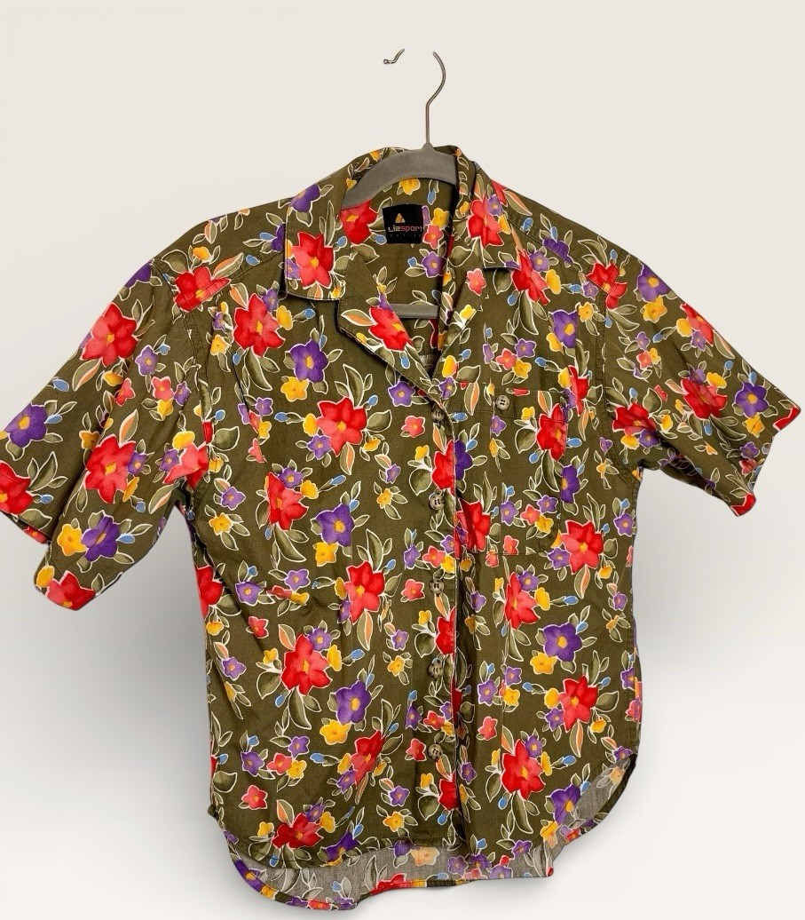 Vintage Lizsport Olive Green Floral Button Down Coastal Tourist Petite Small
