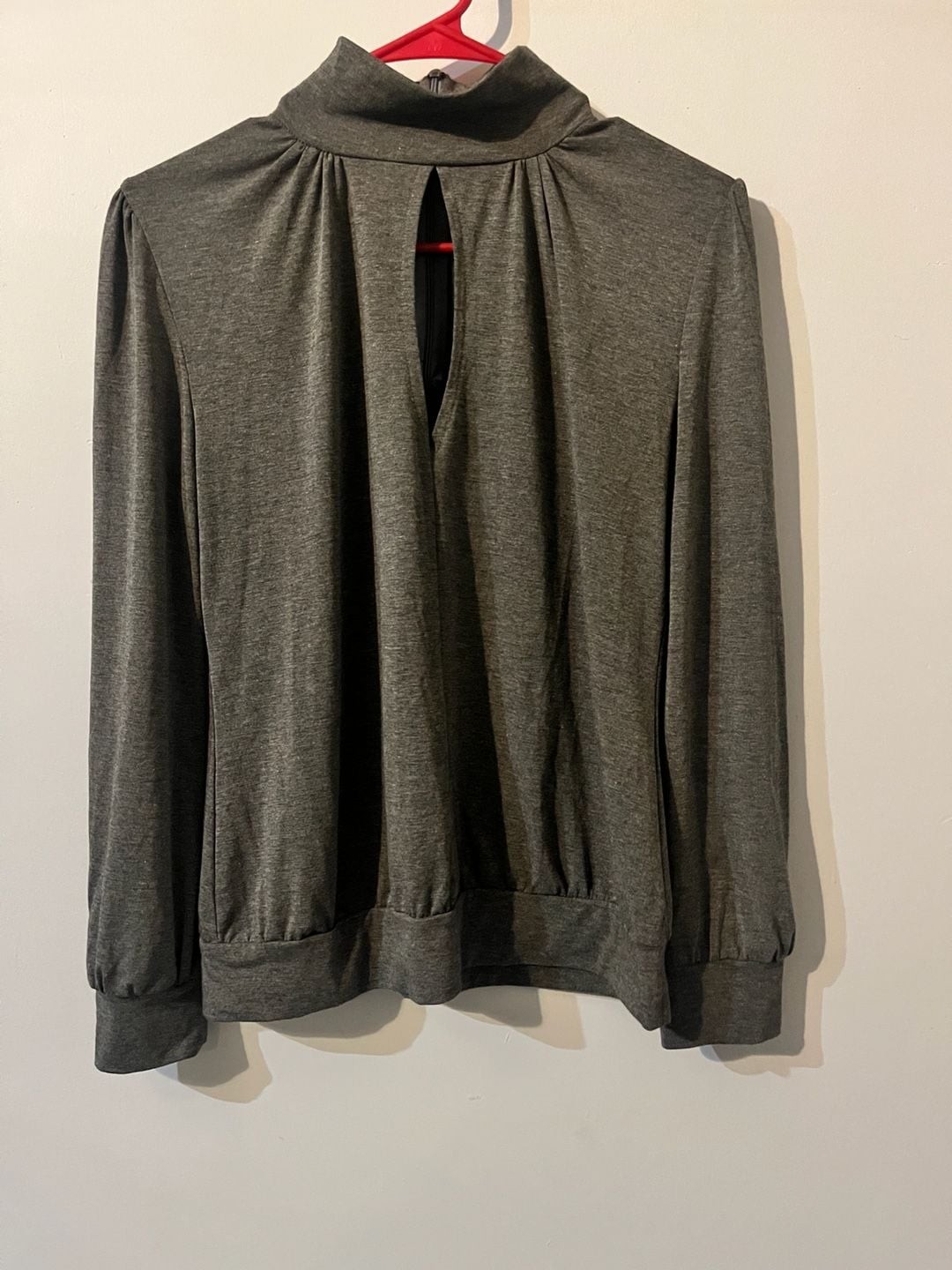 011-0007 Heather Gray Mock Neck Blouse with Front Keyhole and Pleat Detail