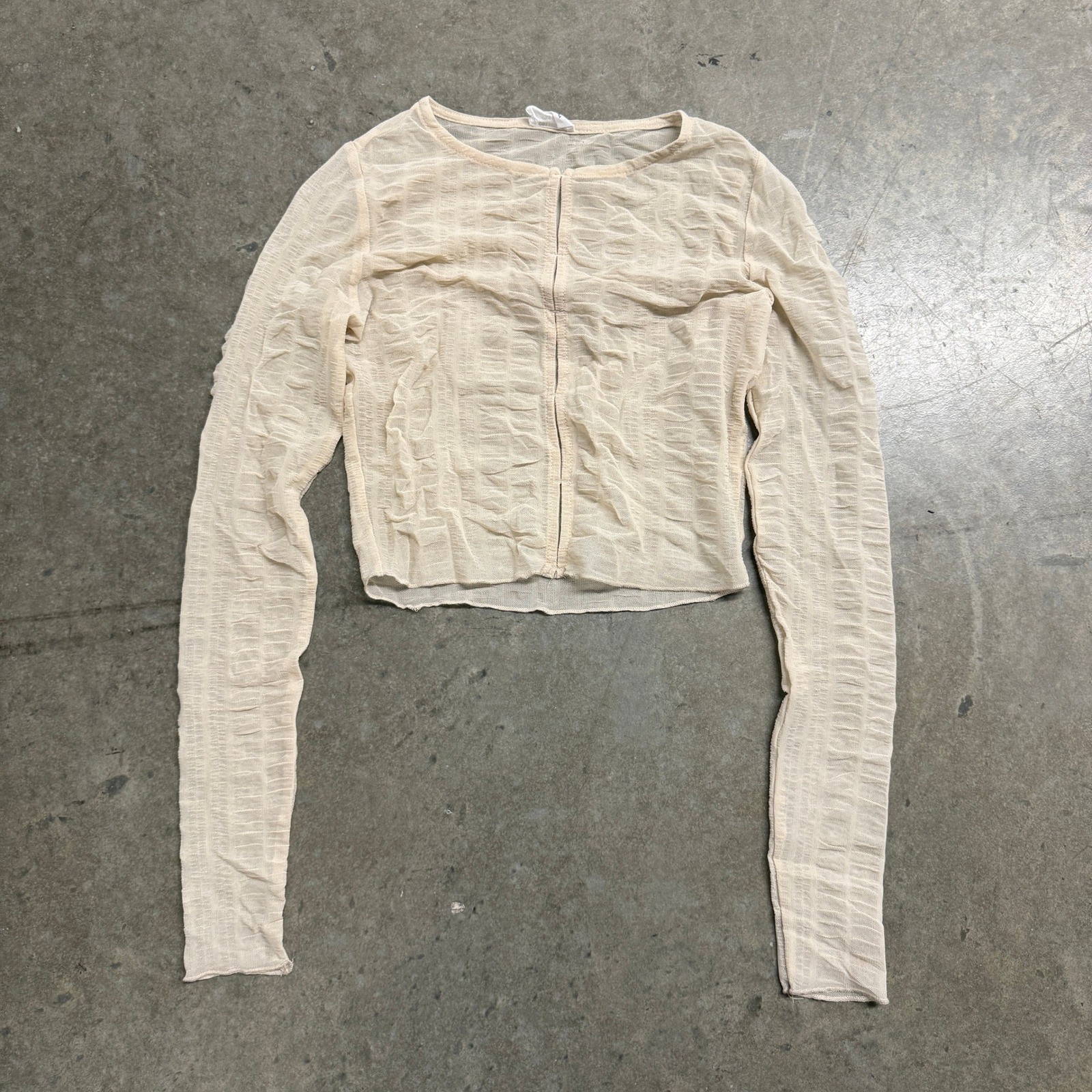 Cotton On Womens XS Cream Mesh Textured Long Sleeve Hook and Eye Crop Top