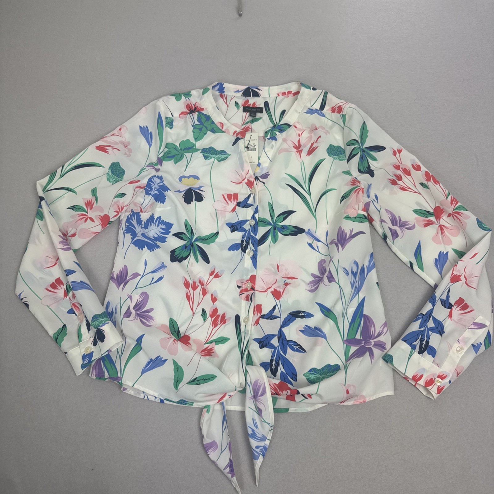 Talbots Women Sz S Wild Floral Button Down V Neck Blouse Waist Tie White