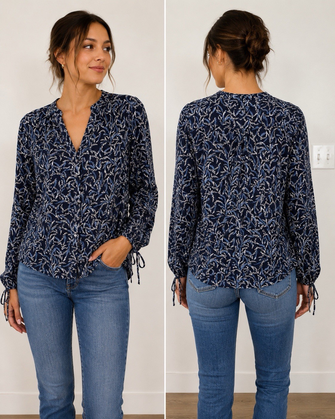 Draper James Top Women’s Sz 4 Floral Peasant Blouse Boho Bohemian Fall Navy Blue