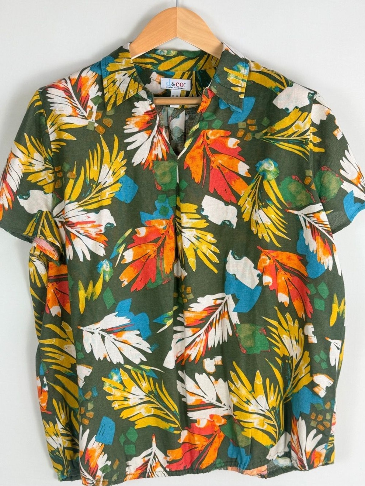 d&Co Denim + Company XL Tropical Leaf Print Linen Blend Collared Blouse