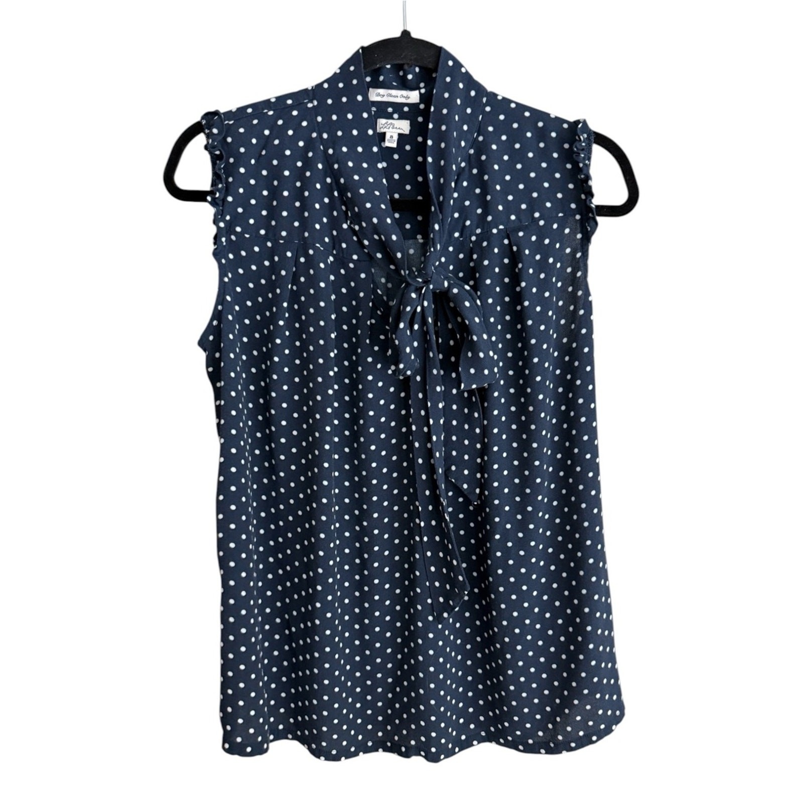 L.L. Bean Sz 8 Navy and White Polka Dot Tie-Neck Sleeveless Blouse