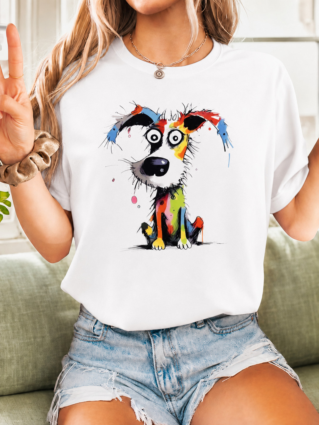 Colorful Dog Graphic T-Shirt Cute Puppy Art Tee Unisex Cotton Shirt