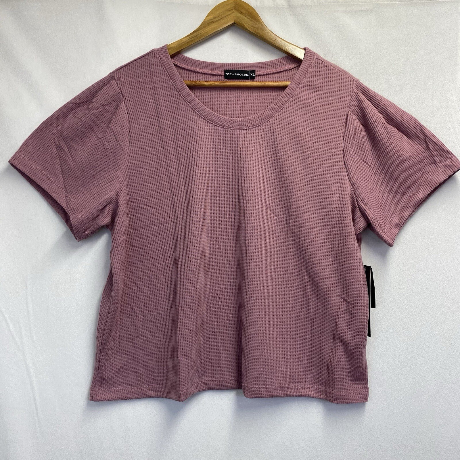 Zoe + Phoebe Short Puff Sleeve Round Neck Waffle Knit Top Women XL Mauve NWT