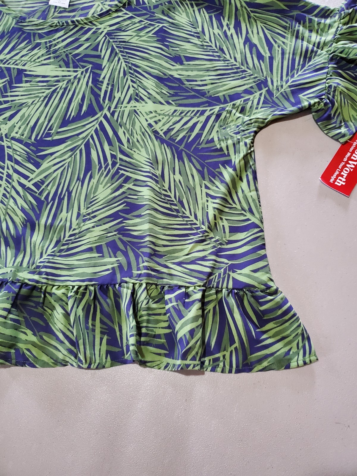 Bon Worth Purple And Green Blouse With Nice Design Bell Sleeves Size LP NWT