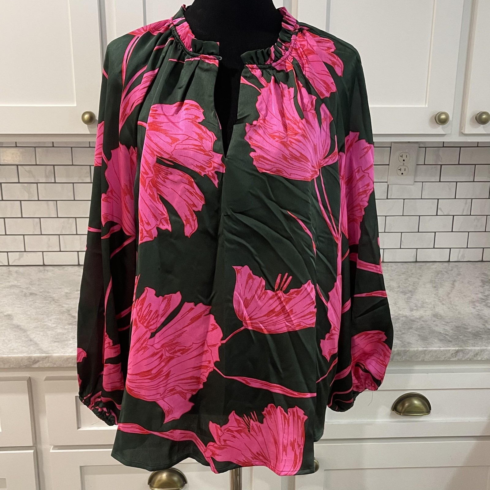 Sugarlips Blouse Womens 1X Green Pink Floral Smocked New Tags Boho Silky