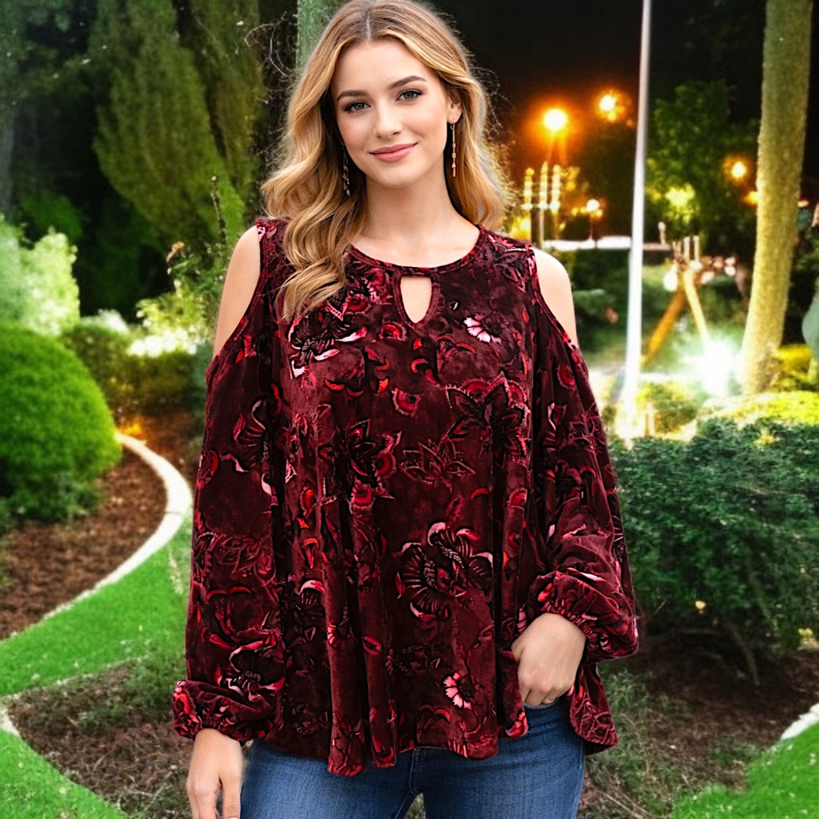 Y2K Velvet Dark Floral Top Sz M Velour Whimsigoth Witchy Vintage America Keyhole