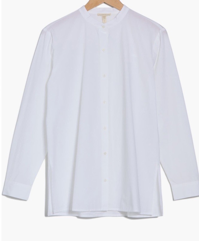 NEW Eileen Fisher M White Solid Linen Woven Mandarin Collar Button-Up Shirt