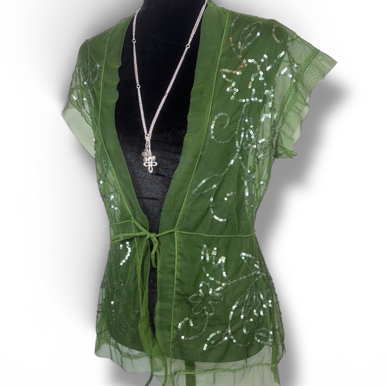Vintage Brilliant by Basil & Maude Sheer Mesh Shrug Women S/M Green Sequin Y2K