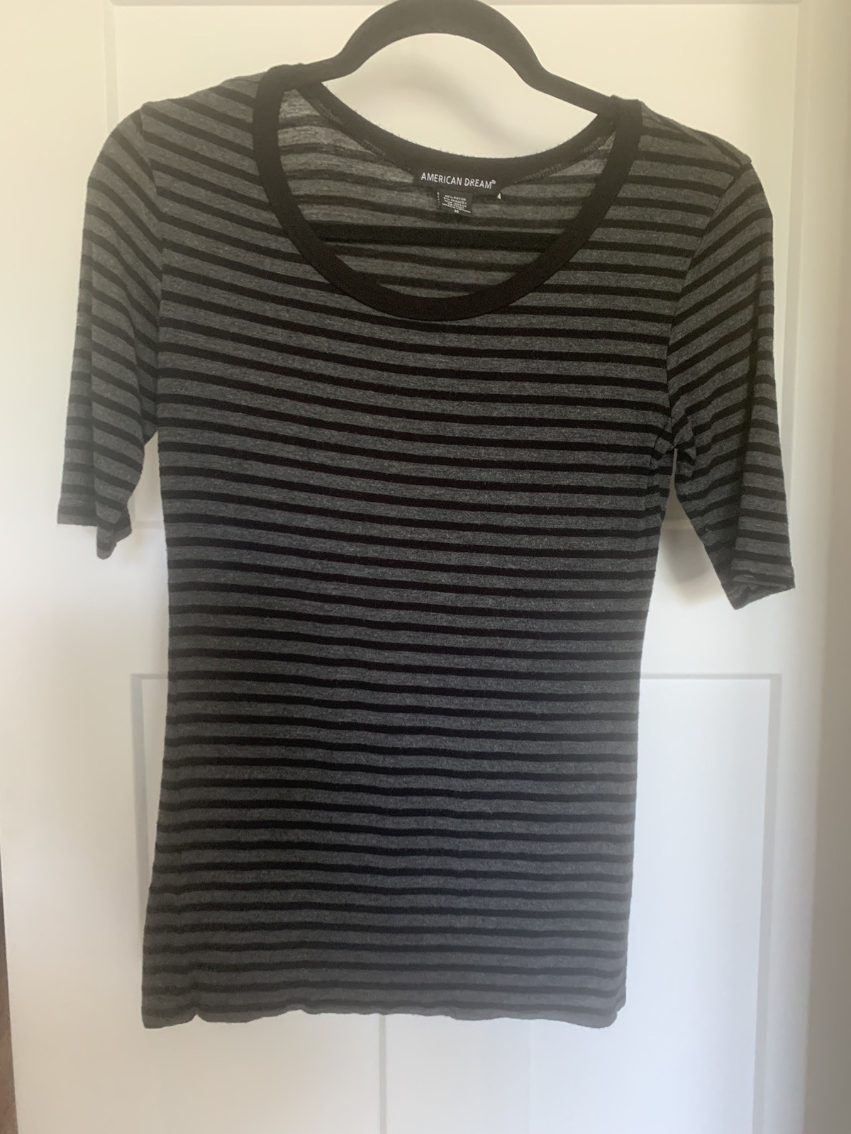 American Dream Women’s Striped Top Scoop Neck Short Sleeve Gray Black Medium