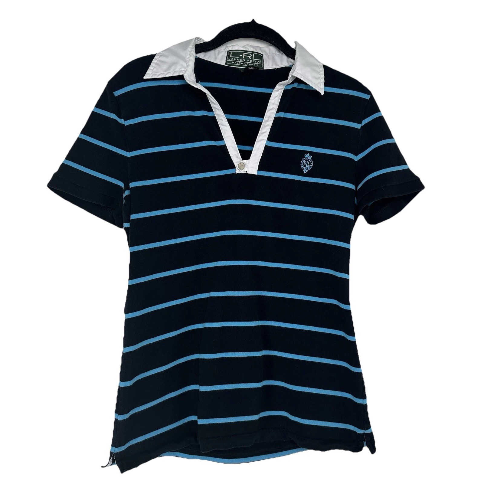 LRL Lauren Active Women’s Polo Size Medium Blue Striped Golf Tennis Preppy