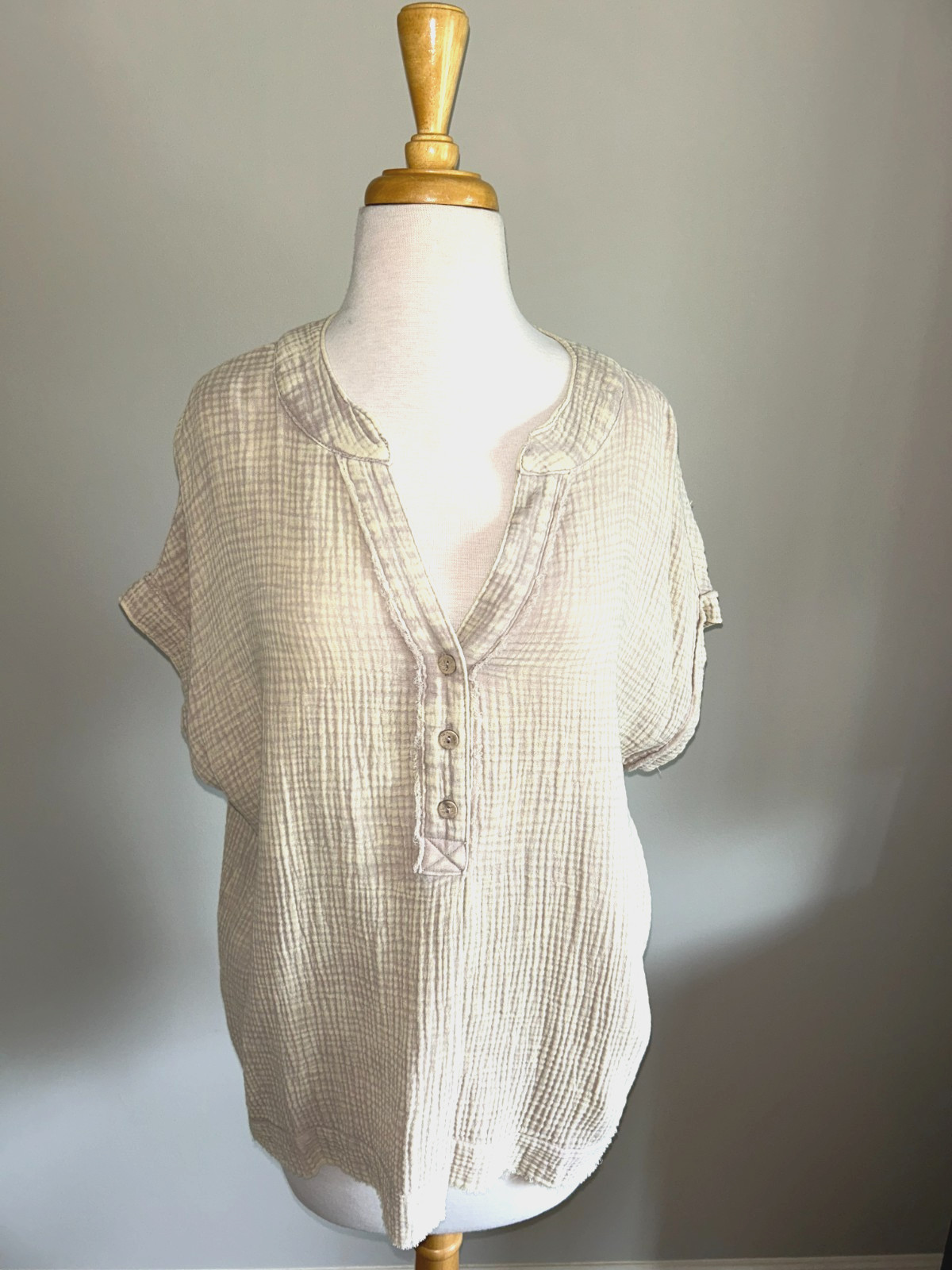 Zenana Tan Distressed Gauze Top with Split V Neck and Cuffed Cap Sleeves
