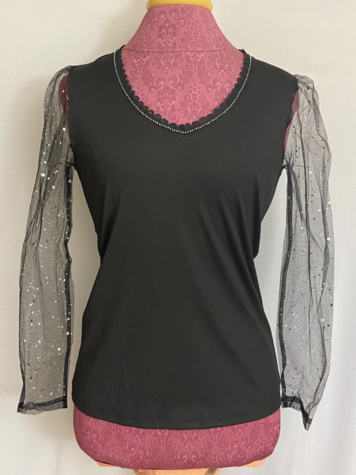 Women’s Top Black Tule Sleeve Rhinestone & Glitter Embellished Size S