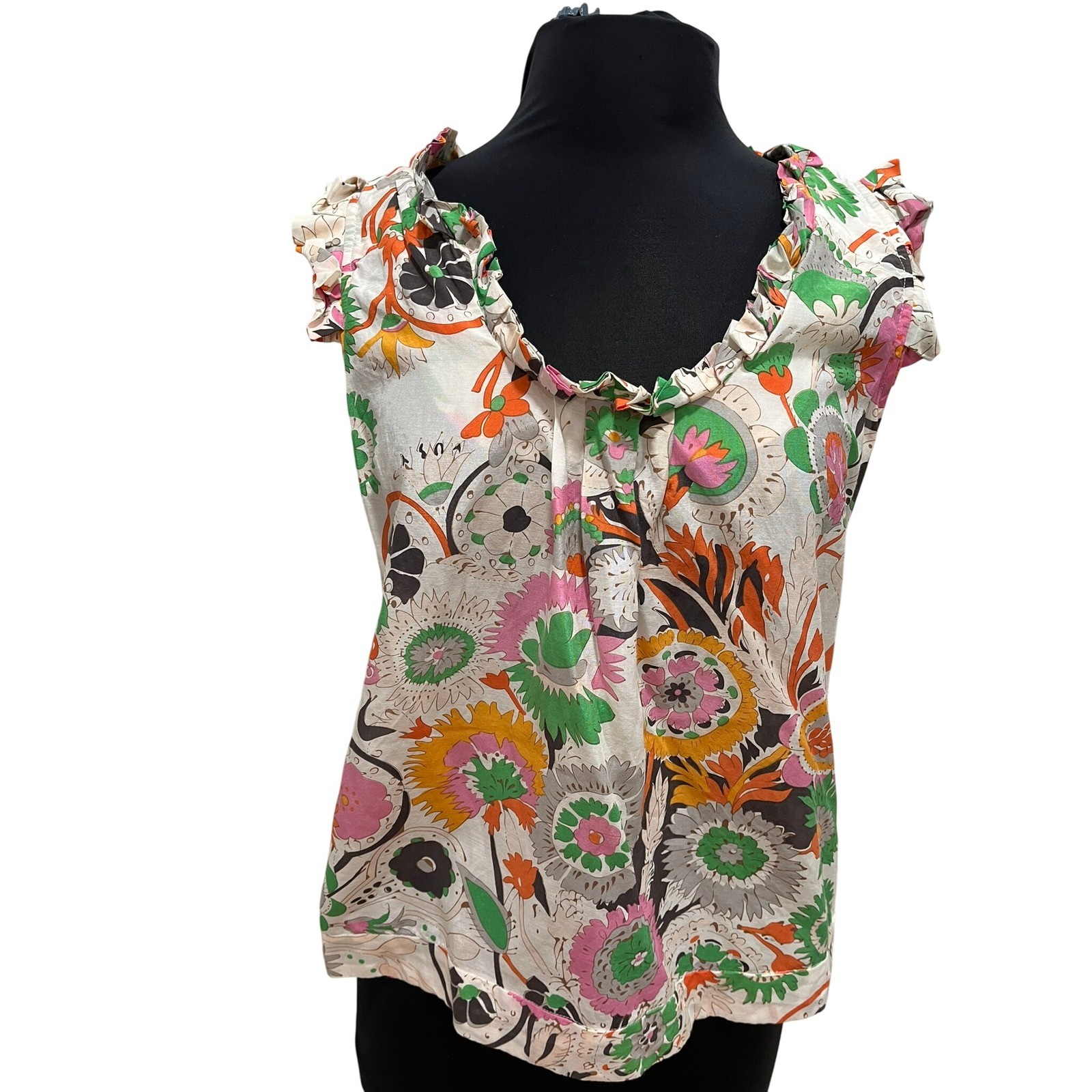 Leifsdottir Floral Psychedelic Ruffle Sleeveless Blouse Multi Color Size 12