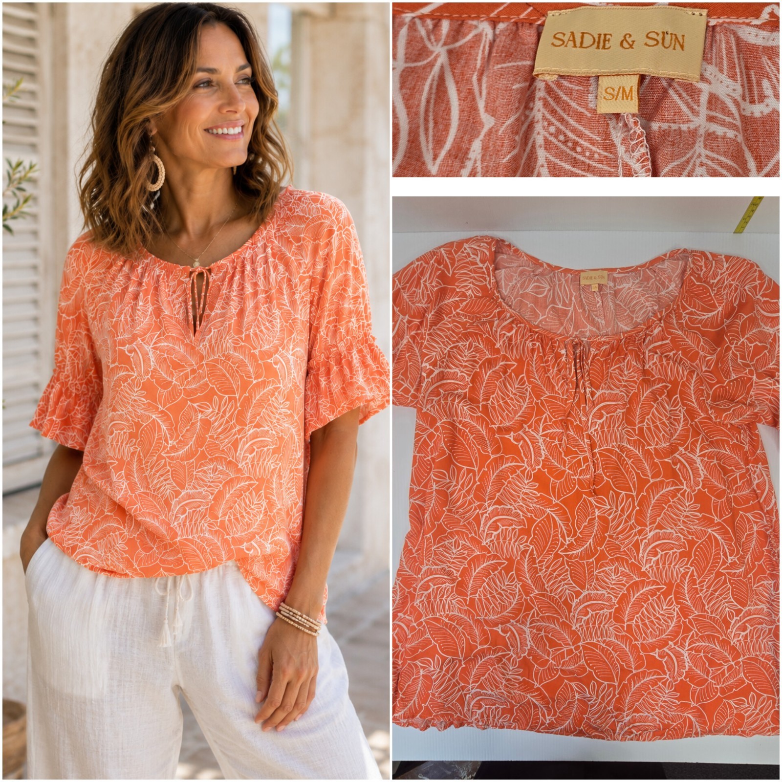 Sadie & Sun Size S/M Blouse Orange White Short Sleeve 100% Rayon V Neck Resort