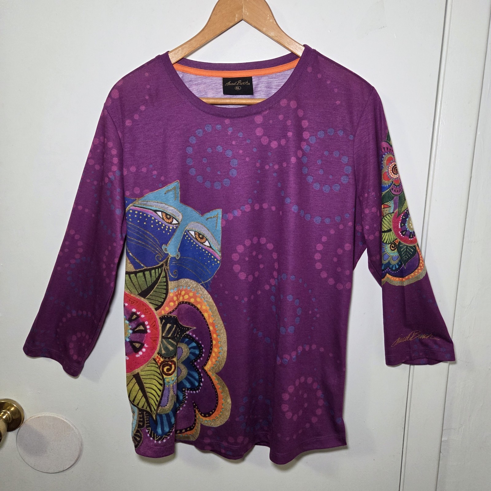 Laurel Burch Colorful Cat Art Top XL Purple 3/4 Sleeve Shirt Art Teacher Boho