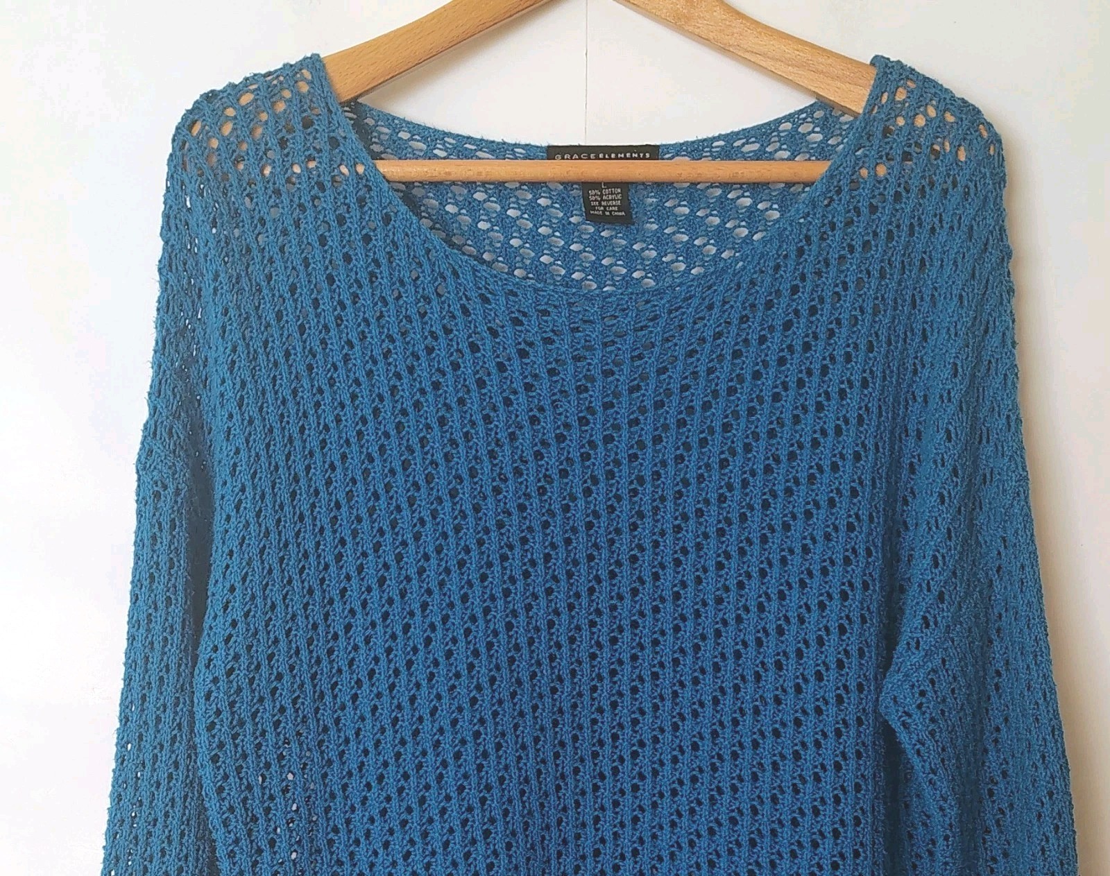 Grace Elements Sheer Open Stitch Crochet Top Sz L Coastal Nautical Beach Preppy