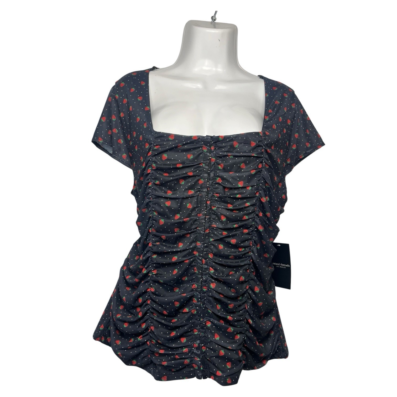 Mixed Threads 2X Strawberry Mesh Top Hook & Eye Corset Front Ruched Black