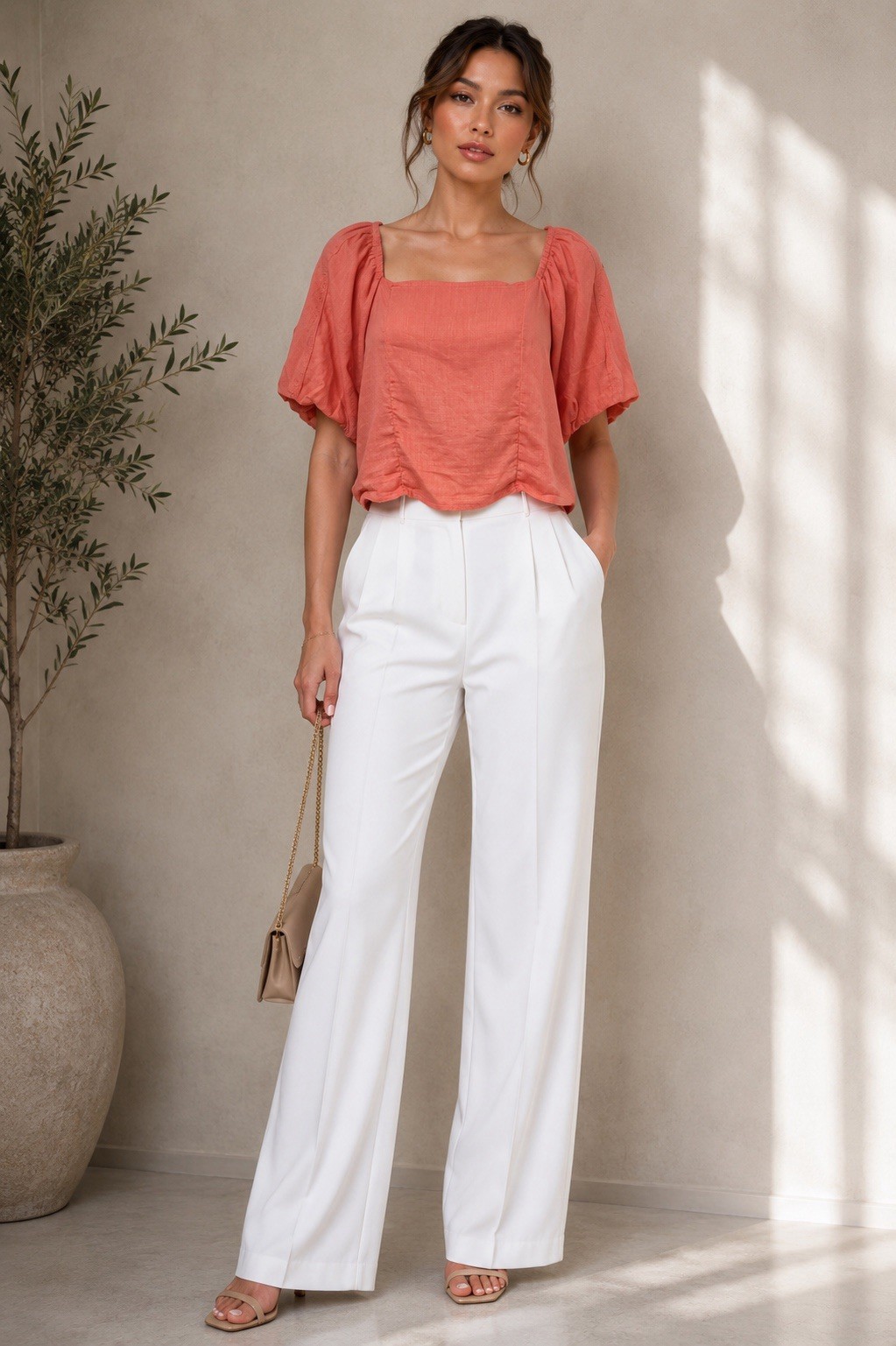 Versona Coral Rayon Linen Blend Puff Sleeve Peasant Top Women’s Size L