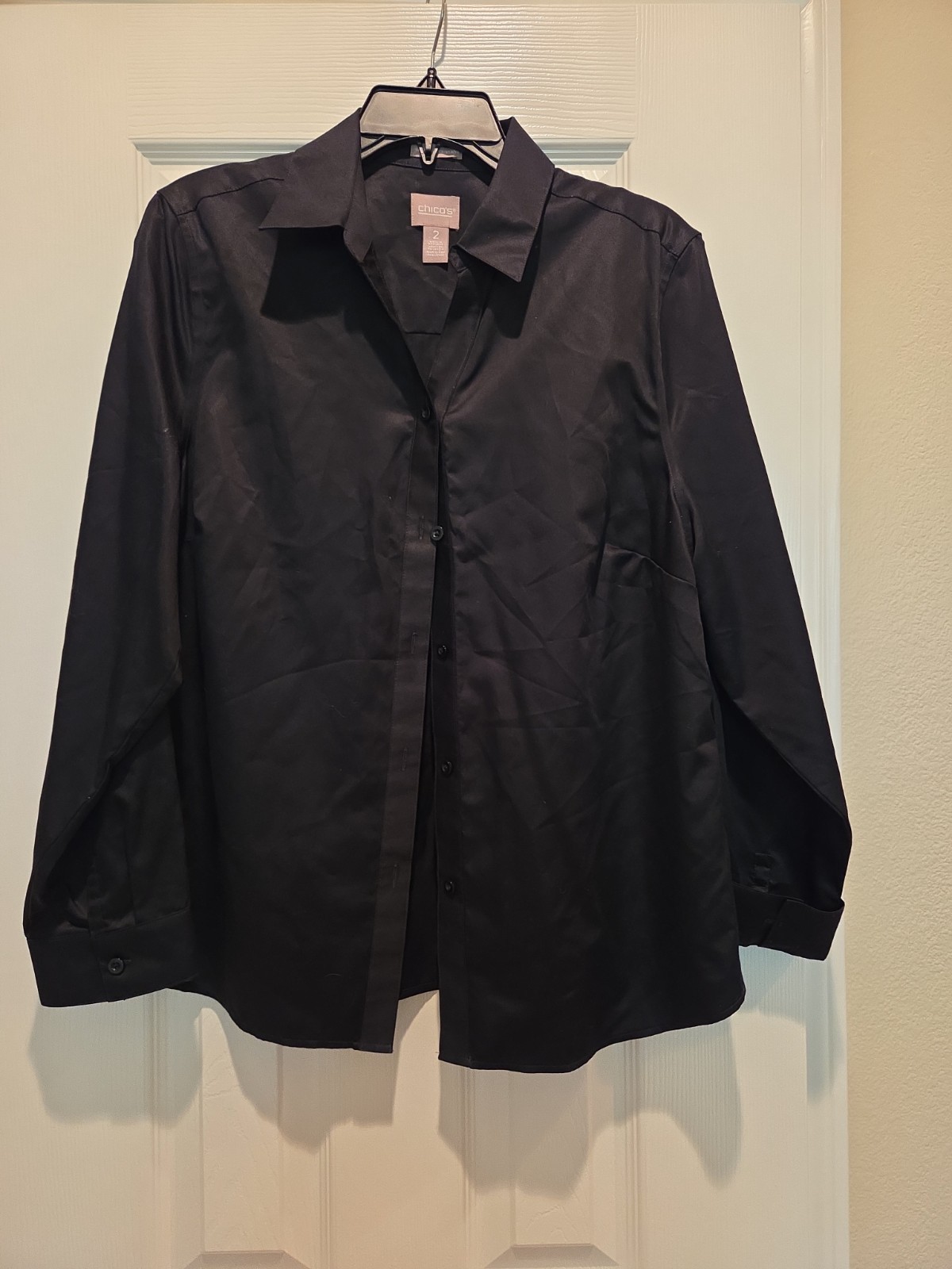 Chico’s Women Button Up Shirt Shiney Black 2 (USA Large 12) Long Sleeve No Iron