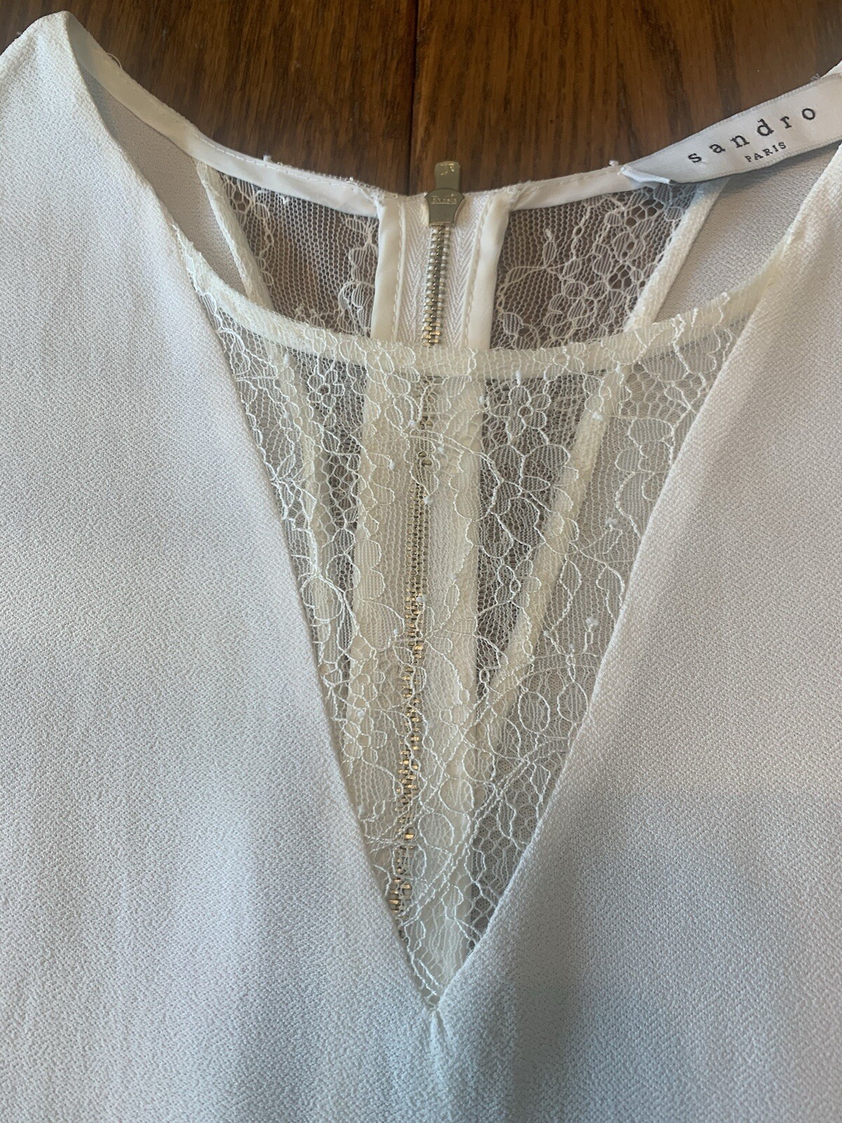 Sandro Paris Designer Woman’s Blouse with Lace Insert Gold Zipper In Back Sz Sm