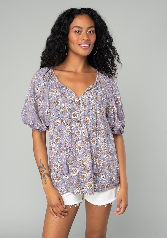 Love Stitch Floral Print Tassel Tie Puff Sleeve Peasant Top