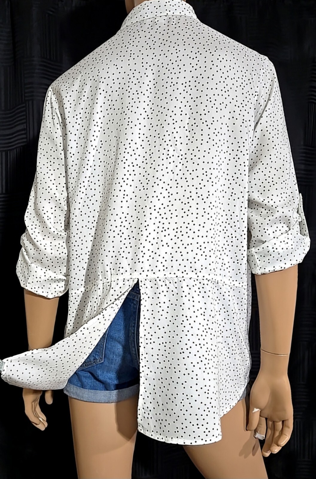 BEACH LUNCH LOUNGE Button Up Roll Tab Sleeve Split Back Shirt Polka Dot sz L/XL