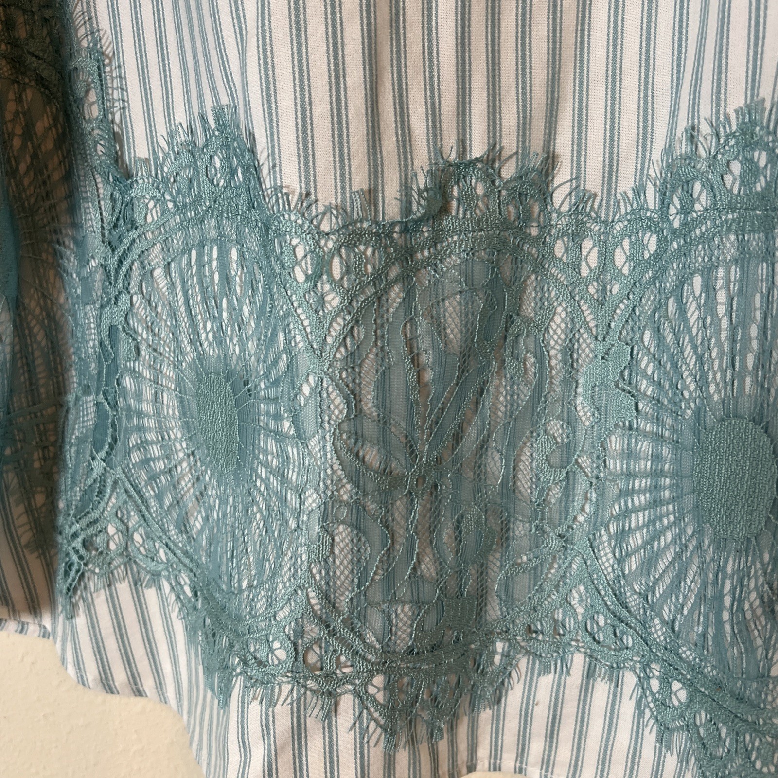 DG2 Diane Gilman Lace Trim 3/4 Flare Sleeve BOHO Linen Stripe Tunic Top Teal Med
